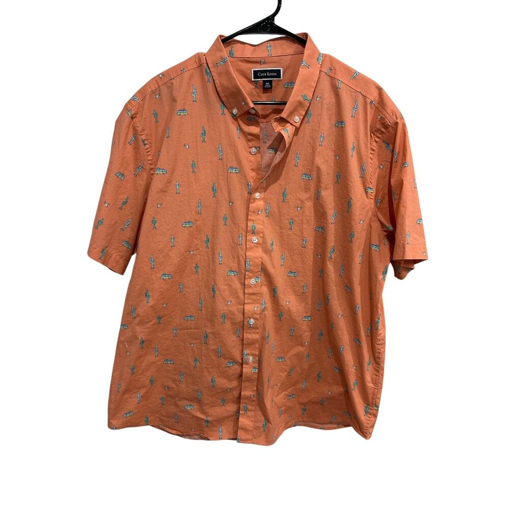 Club Room Short Sleeve Button Up Shirt Orange Sz XXL Cactus & Car Print Casual